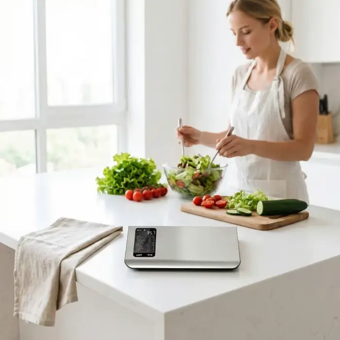 Balance alimentaire intelligente en acier inoxydable avec application gratuite et suivi de 19 nutriments