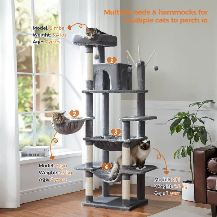 Grand arbre à chat pour grands chats d'intérieur, tour de chat haute pour gros chats avec hamac supe