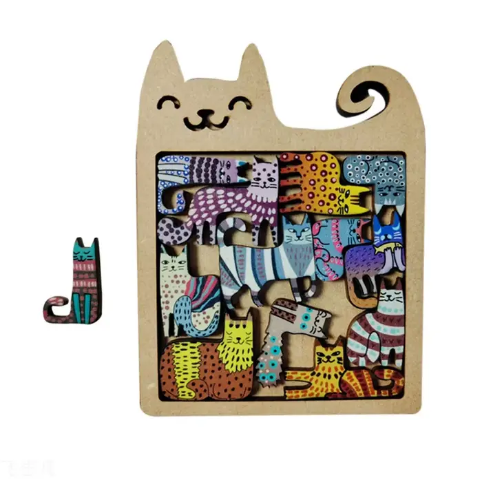 Puzzle en bois en forme de chat, jouet pour enfants, éducation précoce, formation à la réflexion, am