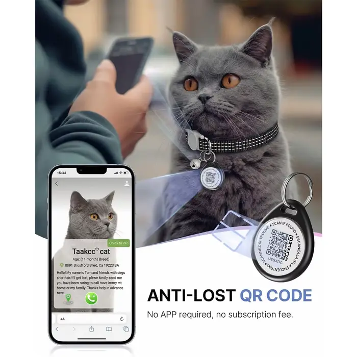 Collier pour chat avec code QR anti-perte et étiquette nominative