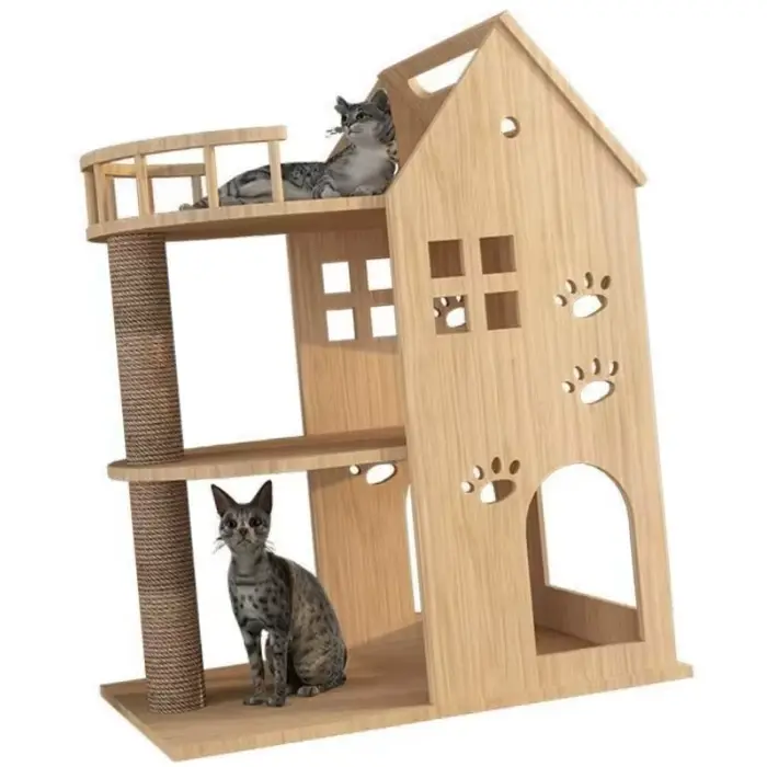 Arbre à chat en bois massif intégré à une villa pour animaux de compagnie et un lit