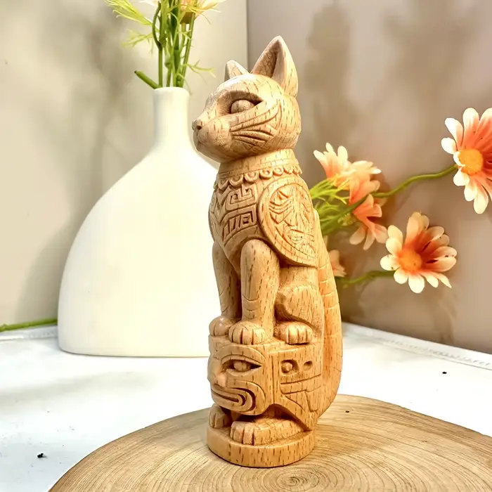 Statue de totem de chat en bois de 3,9 pouces, sculptée à la main, style tribal, adaptée à la décora