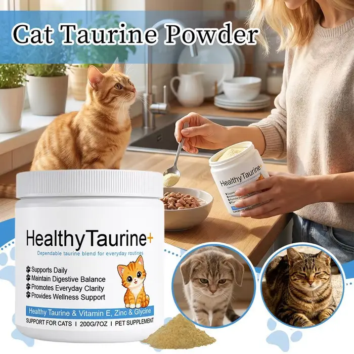 Poudre de Taurine pour chats 200g, enrichie en Vitamine E, à mélanger à la nourriture pour animaux, 