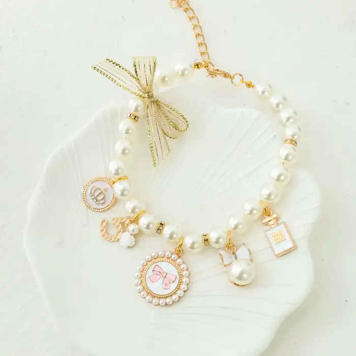 Collier de perles avec nœud pour animaux de compagnie, bijoux pour chat, pendentif de princesse, déc