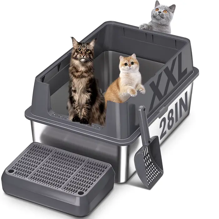 Bac à litière pour chat extra large en acier inoxydable XXL avec couvercle