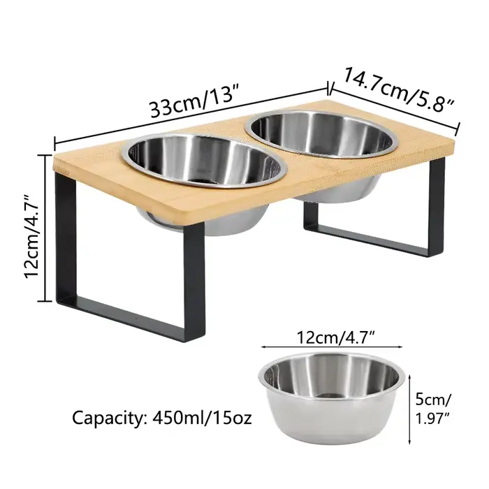 Ensemble de gamelles surélevées et inclinées pour chat avec tapis antidérapant, 2 gamelles en acier 