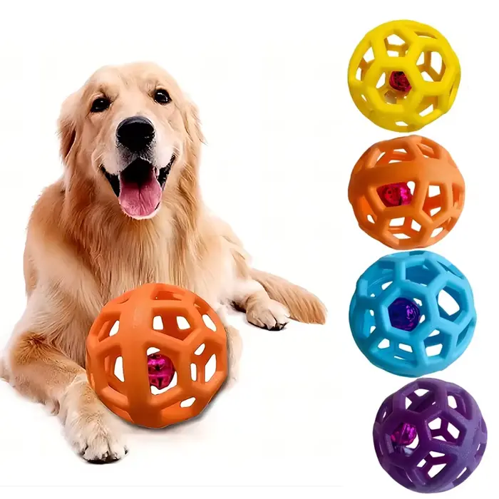 Jouet à mâcher en caoutchouc naturel pour chien et chat, boule de sécurité géométrique avec cloche,