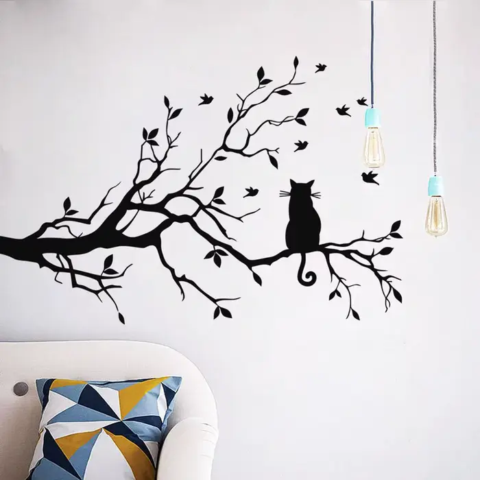 Autocollants muraux chat sur branche d'arbre, décoration de salon, fond de canapé, décoration de la 