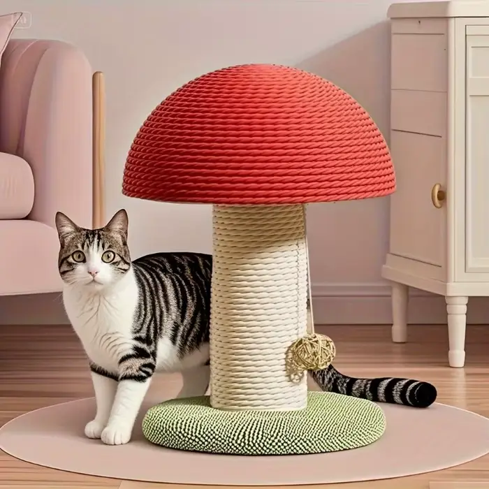 Poste à gratter pour chat en forme de champignon rouge avec tapis