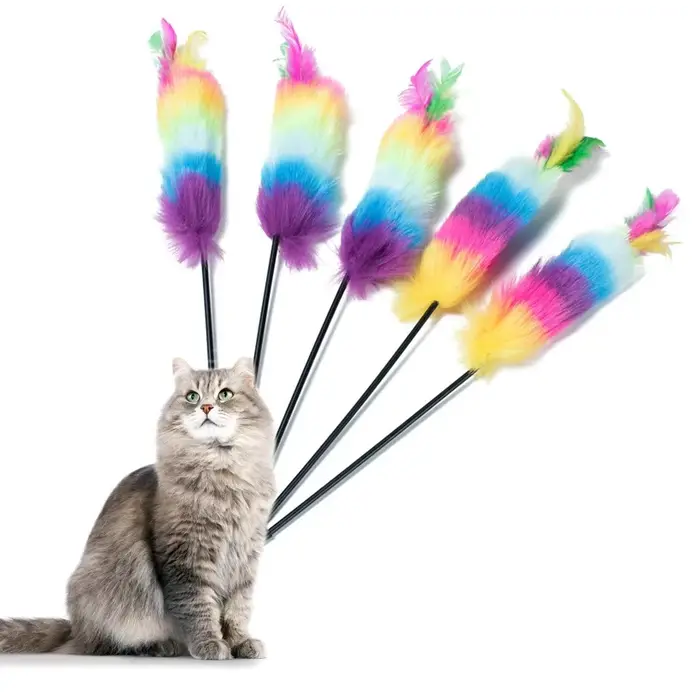 Baguette de teaser en plumes colorées, bâton de teaser de jouet de chat drôle, jouets interactifs po