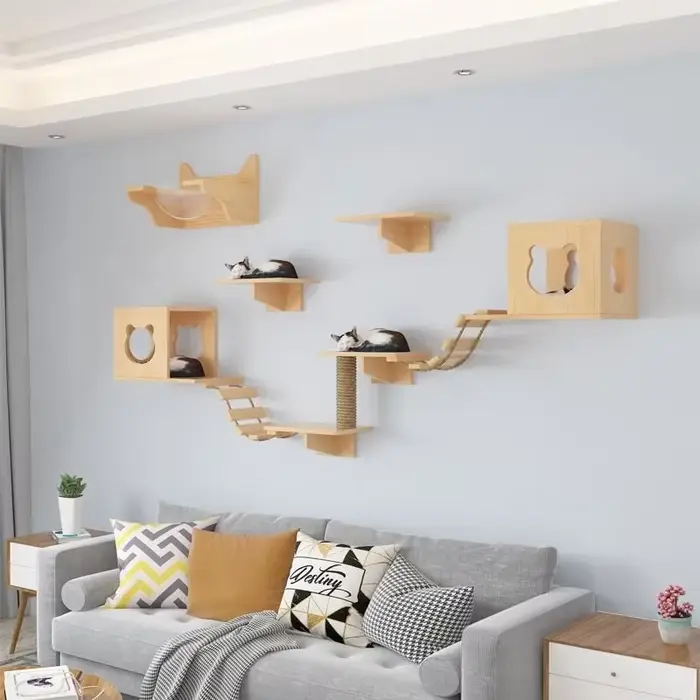 Arbre à chat mural en bois massif, étagère murale avec perchoir, condo, griffoir, capsule spatiale, lit pour chat, mobilier robuste pour animaux de compagnie