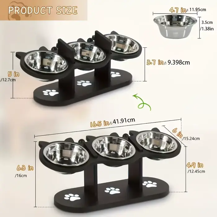 Bol pour chat surélevé à 3 niveaux avec supports en bois et acier inoxydable, support réglable à ang