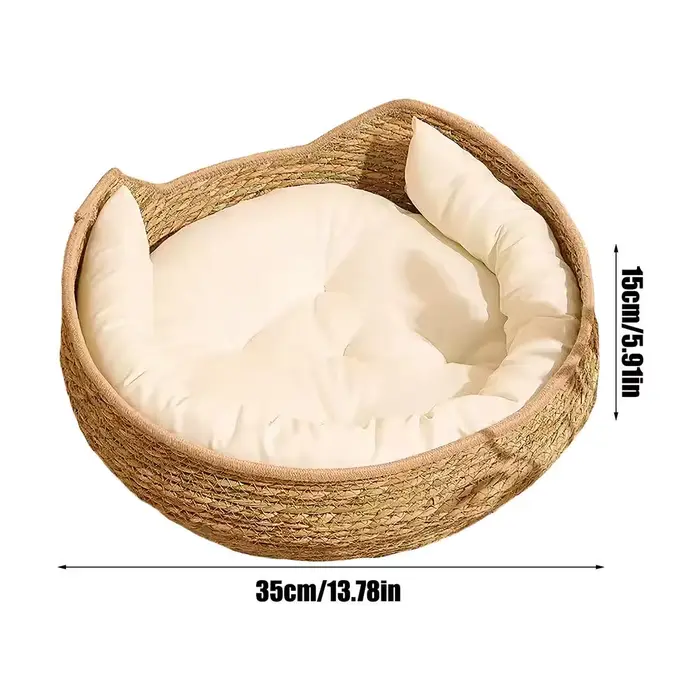 Panier rond pour chat en corde de coton tressée, lit douillet toute saison avec coussin, pour chaton
