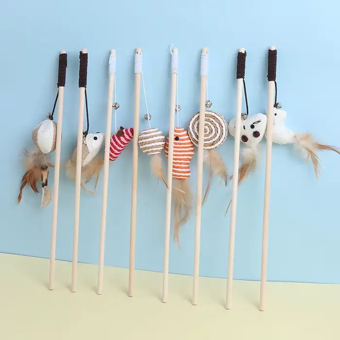 Nouveau souris en bois taquin chat tige chat jouet fournitures pour animaux de compagnie plume cloch