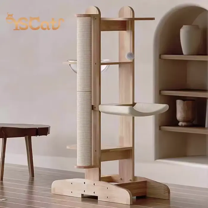 Arbre à chat moderne de luxe en bois massif de 125cm, grand arbre à chat avec tour de maison pour an