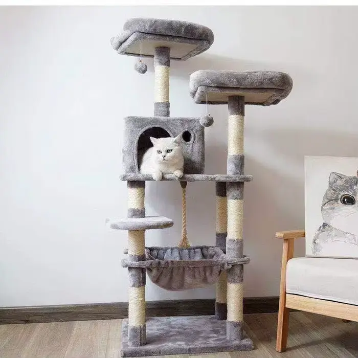 Grand arbre à chat avec plateforme de saut intégrée, poteau en sisal, structure d'escalade, bois de 