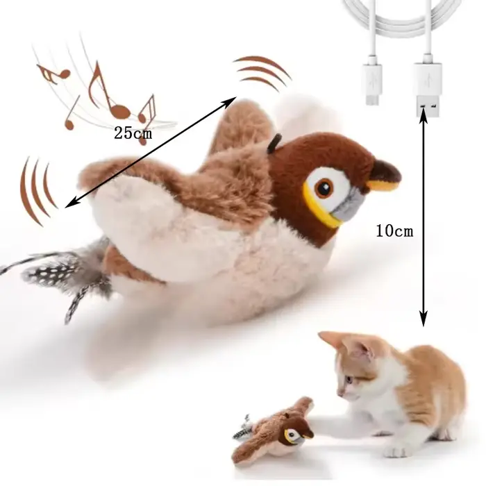 Jouet interactif pour chat et chien, oiseau qui chiaie et bat des ailes (non volant), jouet en peluc