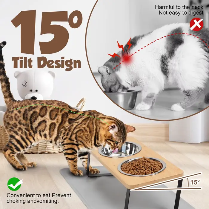 Bols surélevés pour chats avec tapis alimentaire 15 ° Support incliné surélevé pour gamelles de chat