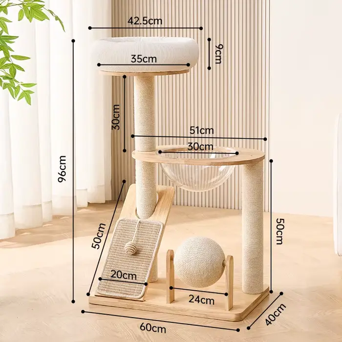 Arbre à chat en bois massif avec poteau à gratter et balles, structure d'escalade et nid pour chat, 