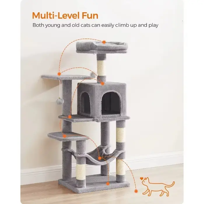 Arbre à chat pour chats d'intérieur, design multi-niveaux de 44,1 pouces avec 4 poteaux à gratter, perchoirs, hamac et grotte pour fournitures pour animaux de compagnie